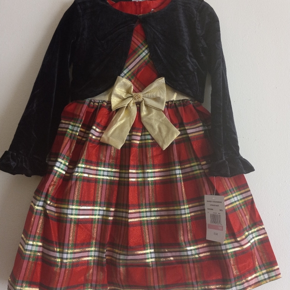 Little Girls 2T-16.5 Long-Sleeve Lurex Plaid Dress & Velvet Cardigan - Picture 5 of 6